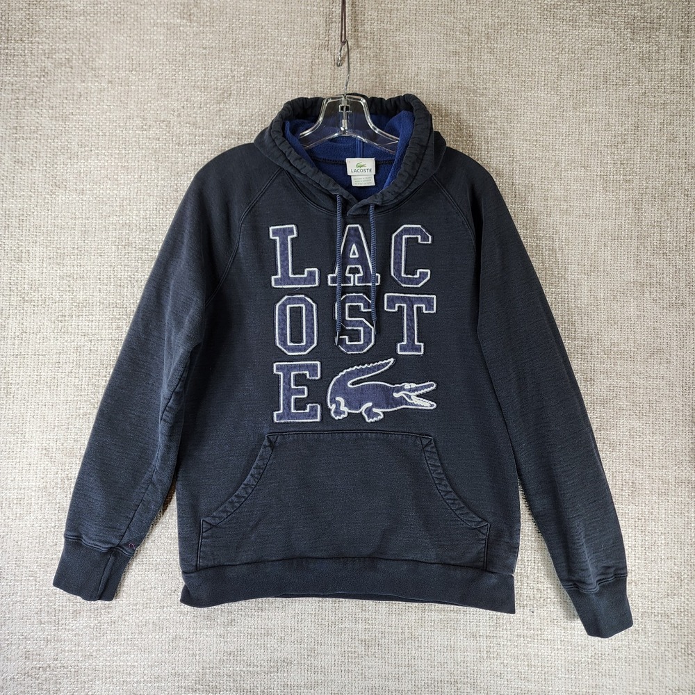Vintage Lacoste Logo Pullover Hoodie Sweatshirt Mens *Medium Black 100% Cotton